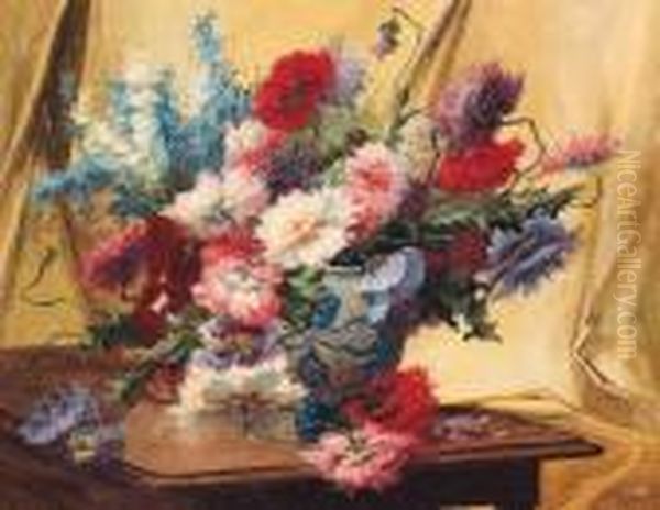 Vases Of Bright Summer Flowers On A Table Oil Painting by Edmond Van Coppenolle