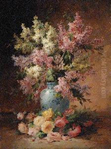 A Vase Of Lilac With Roses On A Ledge Oil Painting by Edmond Van Coppenolle