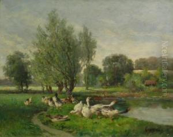 Geese On The Bank Of A Pond Oil Painting by Jacques Van Coppenolle