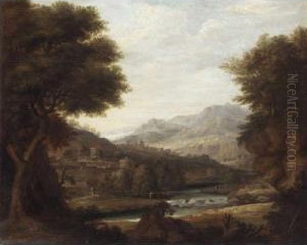 An Extensive Italianate Landscape With Figures Beside A River Oil Painting by Jan Joost Von Cossiau