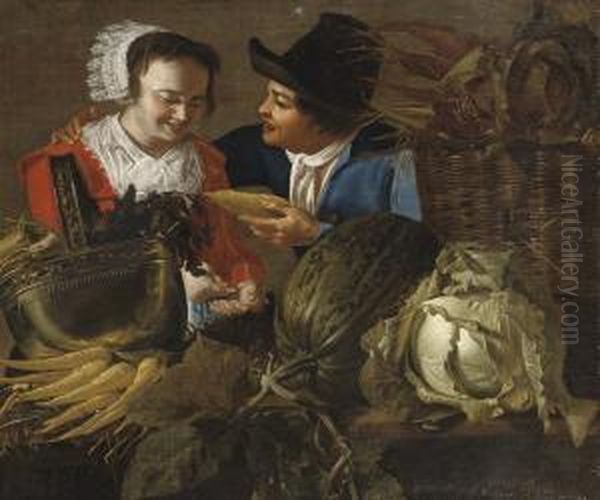 A Maid Buying Groceries At A Vegetable Stand Oil Painting by Christian Gillisz. Van Couwenbergh