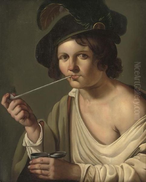 A Young Man, In A Feathered Cap, Smoking A Pipe Oil Painting by Christian Gillisz. Van Couwenbergh