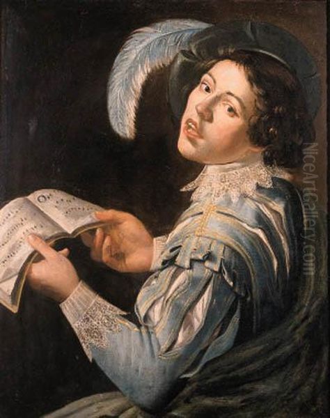 A Youth, Half Length, In Fancy Costume, Singing From A Musicalscore Oil Painting by Christian Gillisz. Van Couwenbergh