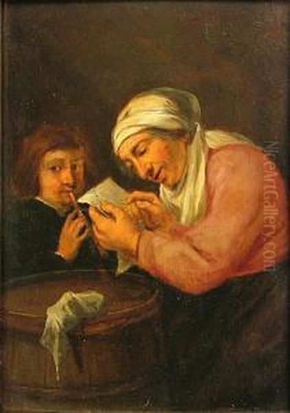 A Boy Playing A Flute And A Woman Reading A Letter In Aninterior Oil Painting by Joos van Craesbeeck