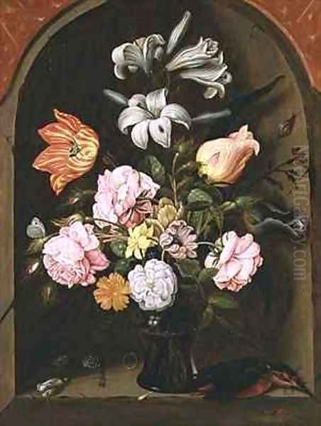 A Still Life of Flowers in a Vase and a Kingfisher on a Ledge Oil Painting by Jan Baptist van Fornenburgh