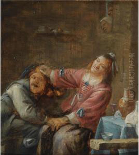 A Couple Fighting In An Interior Oil Painting by Joos van Craesbeeck