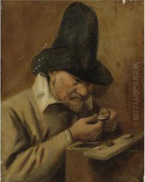 Greed: A Peasant Counting His Money Oil Painting by Joos van Craesbeeck