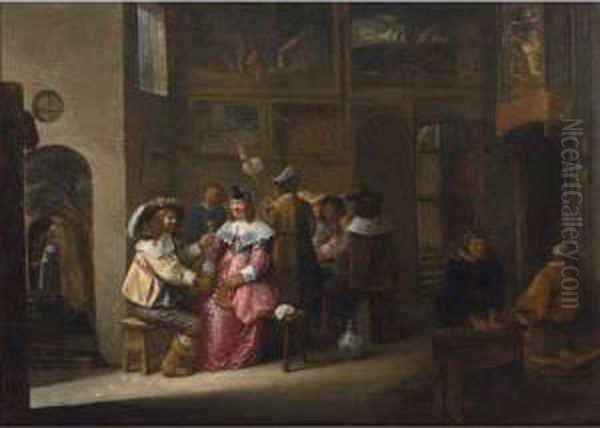 An Elegant Company Drinking In An Interior, A Maid Scouring A Pot In The Foreground Oil Painting by Joos van Craesbeeck