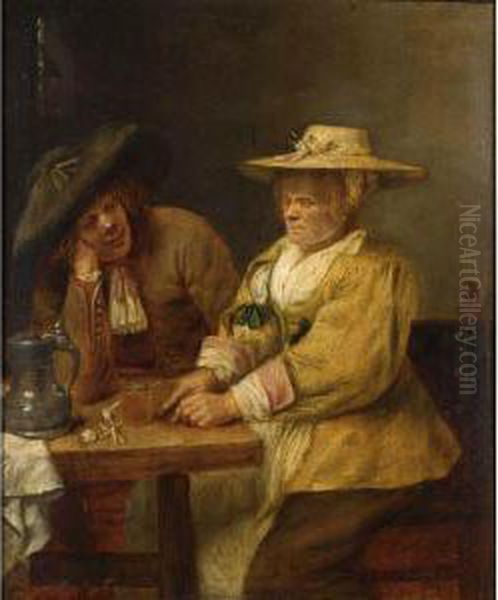 A Couple At A Table Drinking And Cutting Tobacco Oil Painting by Joos van Craesbeeck