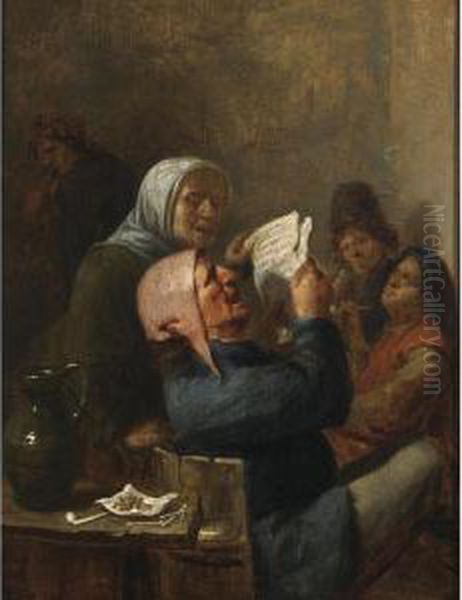 A Man And A Woman Singing In An Inn, Other Peasants Smoking And Drinking Nearby Oil Painting by Joos van Craesbeeck