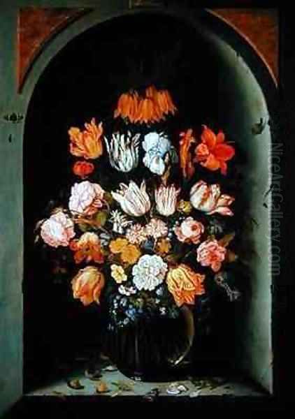 Still life of flowers in a niche with insects reptiles and flower petals Oil Painting by Jan Baptist van Fornenburgh