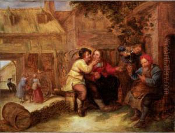 Peasants Drinking Outside A Tavern Oil Painting by Joos van Craesbeeck