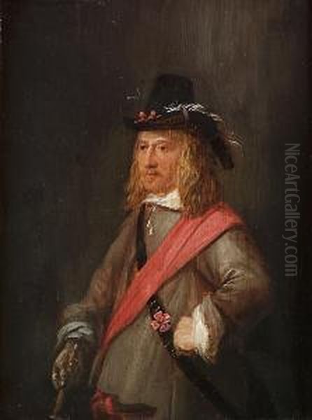 Portrait Of An Officer, 
Small-half-length, In A Grey Coat With A Red Sash And Holding A Baton Oil Painting by Joos van Craesbeeck