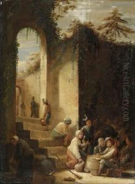 Peasants And Soldiers In A Courtyard Oil Painting by Joos van Craesbeeck