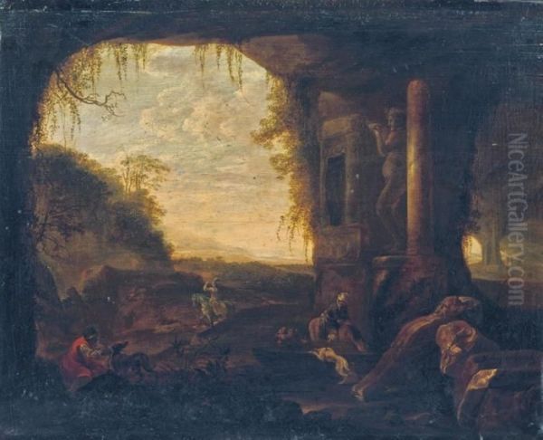 Travellers Near A Grotto By An Antique Statue Of Bacchus Oil Painting by Abraham van Cuylenborch