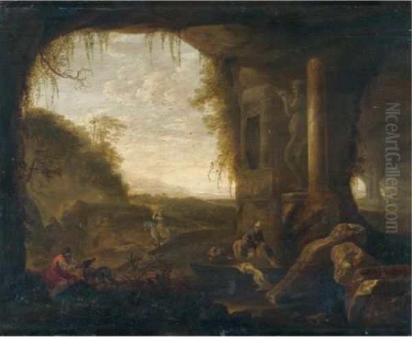 A Landscape With Classical Ruins And Figures Drinking From A Fountain Oil Painting by Abraham van Cuylenborch