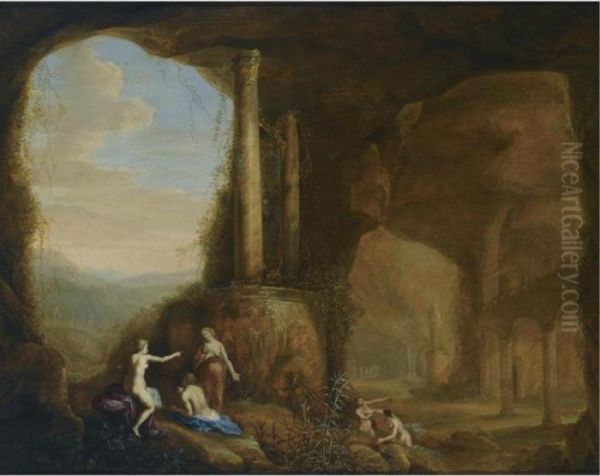 Diana And Her Nymphs Bathing In A Grotto Oil Painting by Abraham van Cuylenborch