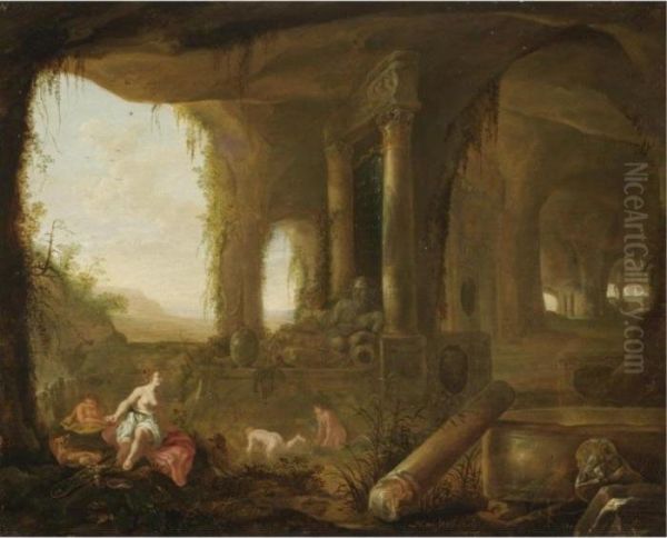 A Grotto With Diana And Her Nymphs Bathing Oil Painting by Abraham van Cuylenborch