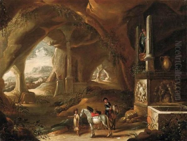 Cavalieri In Grotta Con Ruderi Classici Oil Painting by Abraham van Cuylenborch