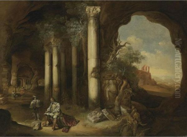 A Grotto With An Artist Sketching Amongst Classical Ruins Oil Painting by Abraham van Cuylenborch