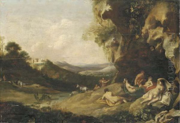 An Extensive Mountainous Landscape With Nymphs On A Bank Oil Painting by Abraham van Cuylenborch