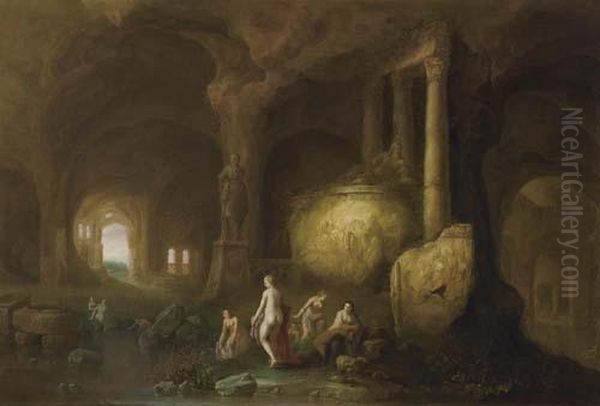 Nymphs Bathing In A Cave. Oil Painting by Abraham van Cuylenborch