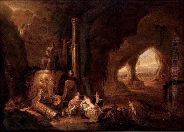 Diana And Her Nymphs Resting; Nymphs In A Grotto With A Sculpture Of Minerva Oil Painting by Abraham van Cuylenborch