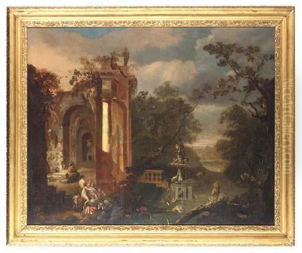 A Wooded River Landscape With Nymphs And Satyrs By A Capriccio Ofclassical Ruins Oil Painting by Abraham van Cuylenborch