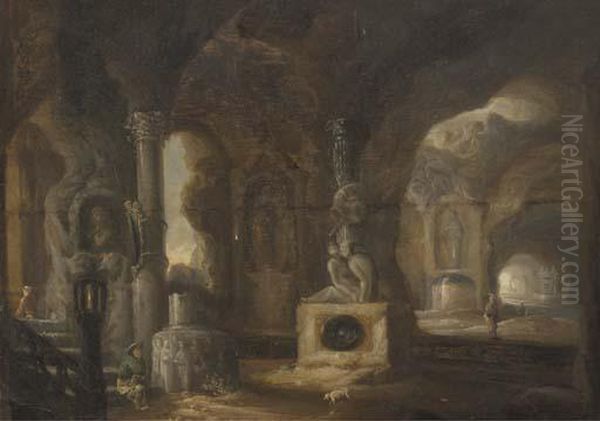 The Interior Of A Grotto With Figures Amongst Classical Ruins Andfountains Oil Painting by Abraham van Cuylenborch