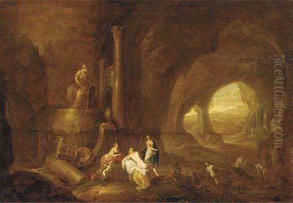 The Interior Of A Grotto With Nymphs Bathing Oil Painting by Abraham van Cuylenborch