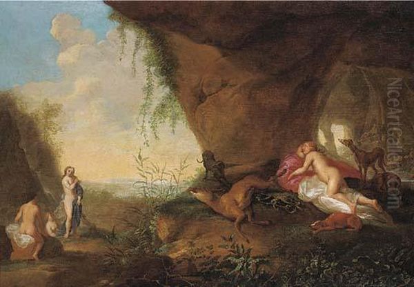 Diana And Her Nymphs Resting By A Cave Oil Painting by Abraham van Cuylenborch