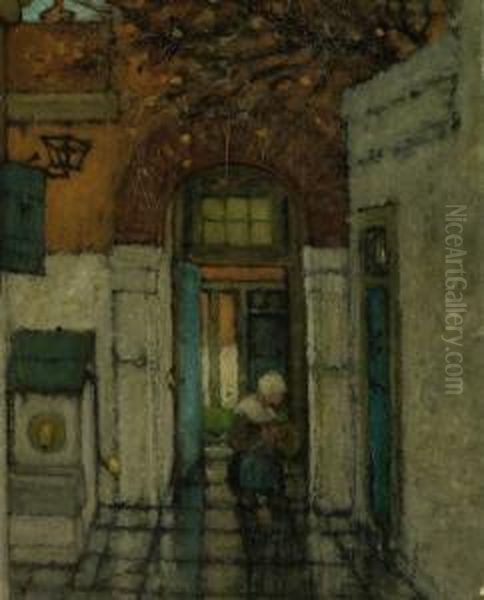 Girl In A Courtyard Oil Painting by Henri Van Daalhoff