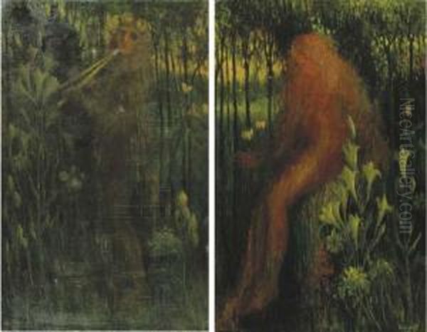 Het Geluid And De Liefde; Two Side Canvases Of A Triptych by Henri Van Daalhoff