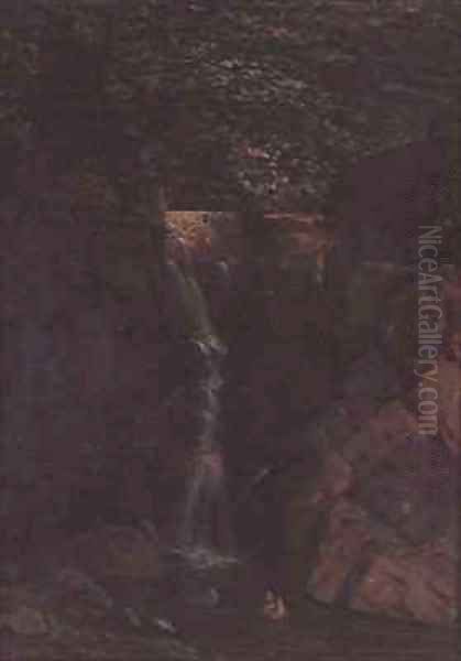 Waterfall in a Woodland Landscape Oil Painting by F. Famin