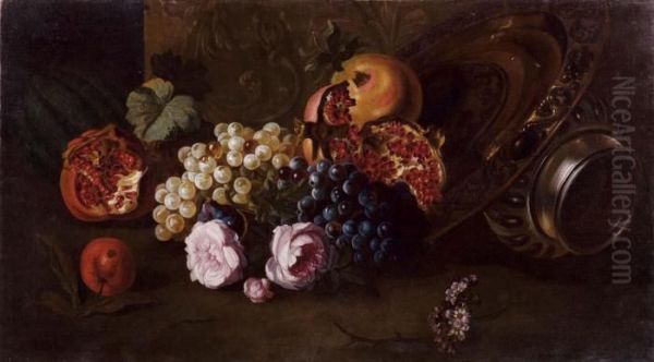 Natura Morta Di Uva E Melograne Con Vasellame Oil Painting by Jan Frans Van Dael