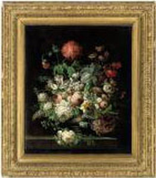 Peonies, Tulips, Morning Glory, A
 Passion Flower And Other Flowers,in A Vase, On A Stone Ledge Oil Painting by Jan Frans Van Dael