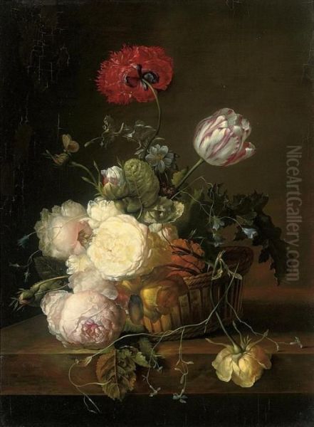 Tulips, Roses, Peonies, Jasmin, 
Convulvulus, Poppies And Other Summer Blooms In A Basket On A Ledge Oil Painting by Jan Frans Van Dael