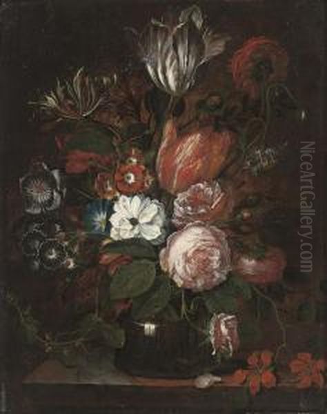 Parrot Tulips, Peonies, And Convolvulus In A Glass Vase Oil Painting by Jan Frans Van Dael