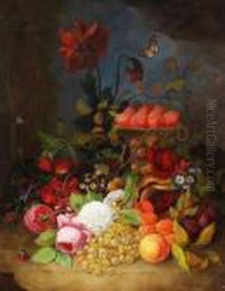 Stillleben Mit Blumen, Insekten,
 Trauben, Pflaumen, Pfirsichen Und Melone Auf Einem Tisch Oil Painting by Jan Frans Van Dael