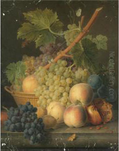 Still Life With Grapes And 
Peaches In A Basket, An Open Pomegranate, Plums, Black Grapes And More 
Peaches On The Marble Ledge Beneath Oil Painting by Jan Frans Van Dael