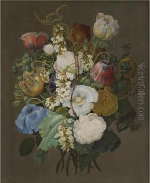 A Still Life Of A Bouquet Of Tulips, Roses And Other Flowers Oil Painting by Jan Frans Van Dael