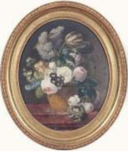 Bouquet De Fleurs Dans Un Vase Pose Sur Un Entablement Pres D'un Nid D'oiseau Oil Painting by Jan Frans Van Dael