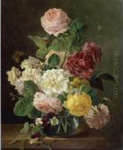 A Still Life Of Flowers In A Glass Vase On A Marble Ledge Oil Painting by Jan Frans Van Dael