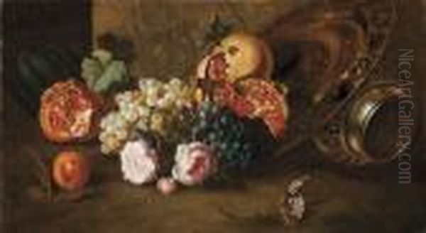 Natura Morta Di Uva E Melograne Con Fiori E Vasellame In Argento Oil Painting by Jan Frans Van Dael