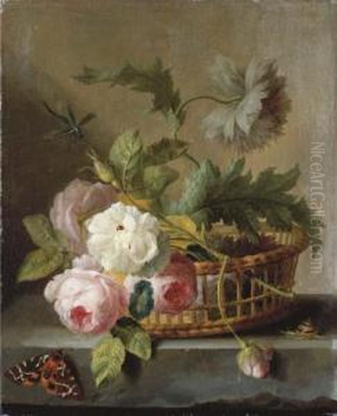 Roses And Morning Glory In A 
Basket On A Stone Ledge, With Aladybird, A Snail, A Red Admiral 
Butterfly And A Dragon Fly Oil Painting by Jan Frans Van Dael