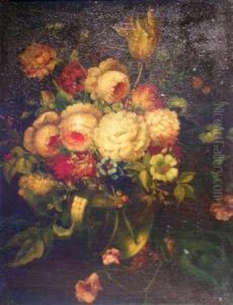 Still Life Of Tulips, Peonies And Other Summer Flowers In A Glassvase On A Table Oil Painting by Jan Frans Van Dael