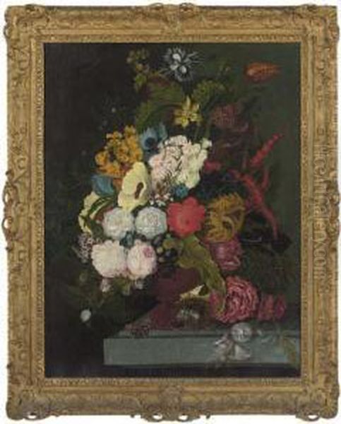 Roses, Poppies, Peonies, Parrot 
Tulips, A Sunflower And Otherflowers In An Urn On A Stone Ledge, With A 
Butterfly And A Nestwith Eggs Oil Painting by Jan Frans Van Dael