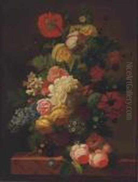 Roses, Poppies, Tulips, Hyacinth And Other Flowers In A Vase On Astone Ledge Oil Painting by Jan Frans Van Dael