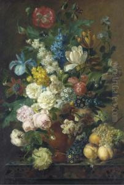 Roses, Dahlias, Tulips, Sweet 
William, Iris, And Other Flowers In Aterracotta Vase On A Ledge With 
Peaches, Grapes And Plums Oil Painting by Jan Frans Van Dael