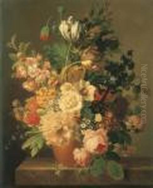 Roses, Tulipes, Liseron, Dahlias
 Et Autres Fleurs Dans Un Pot Enterre Sur Un Entablement En Marbre Oil Painting by Jan Frans Van Dael